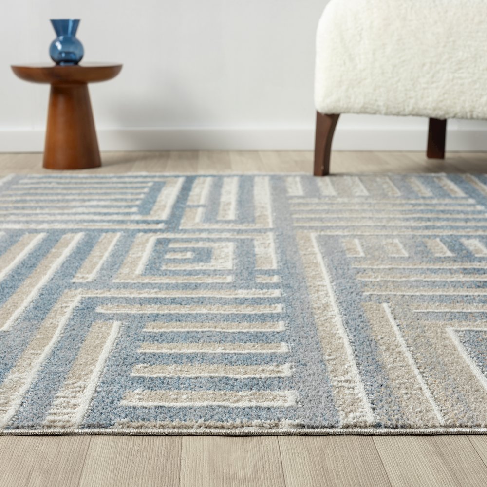 Beige/Blue Modern Geometric Performance Washable Indoor Area Rug. Picture 3