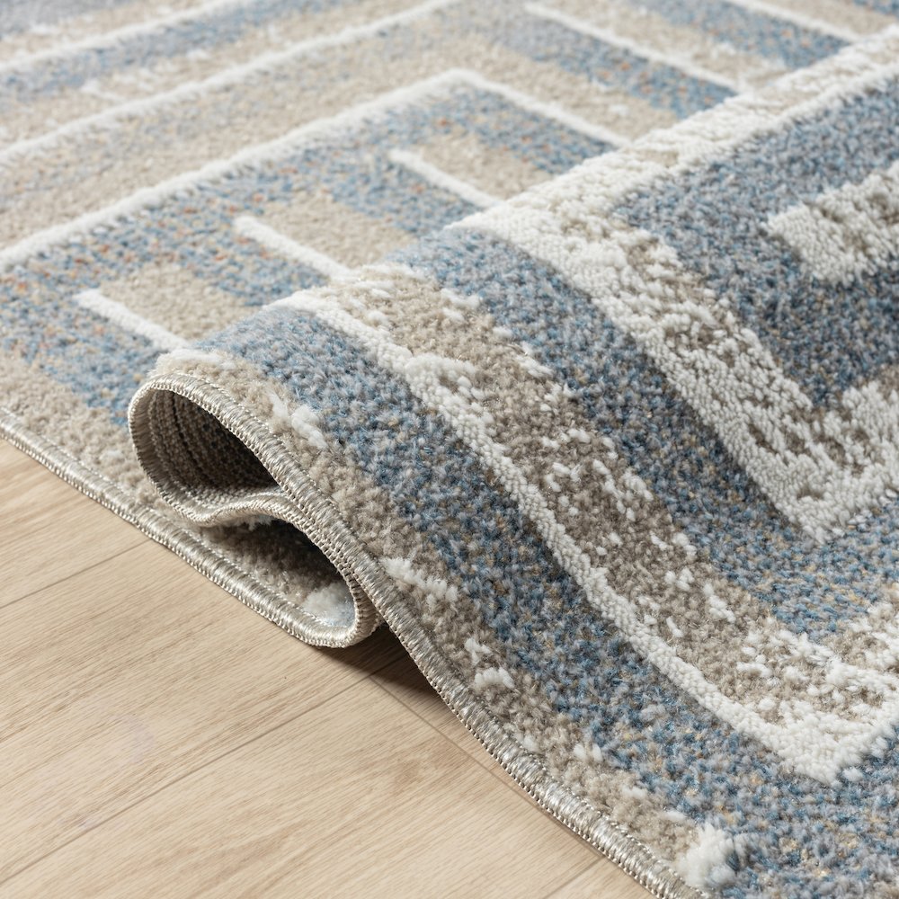 Beige/Blue Modern Geometric Performance Washable Indoor Area Rug. Picture 4