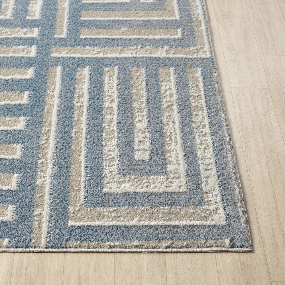 Beige/Blue Modern Geometric Performance Washable Indoor Area Rug. Picture 5