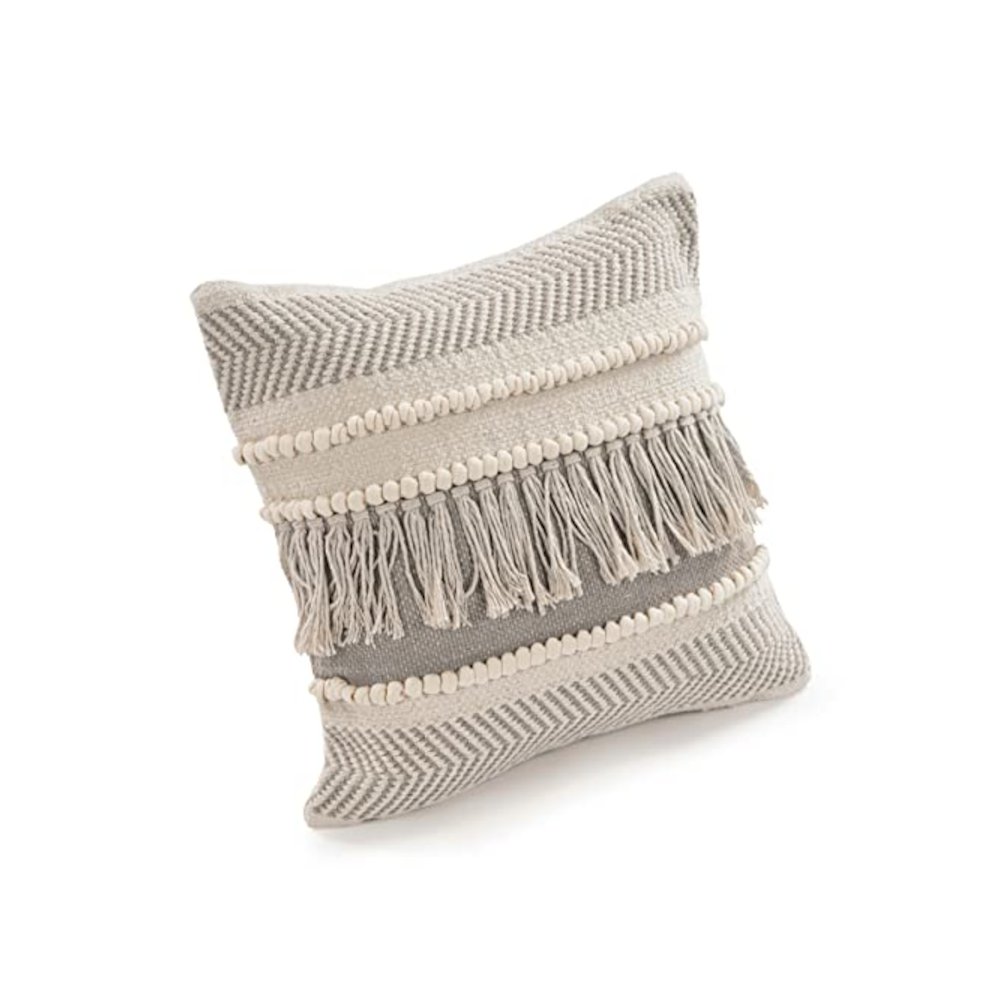 Ox Bay Beige Striped All-Natural Cotton Square 2 Piece Pillow Cover Set. Picture 2