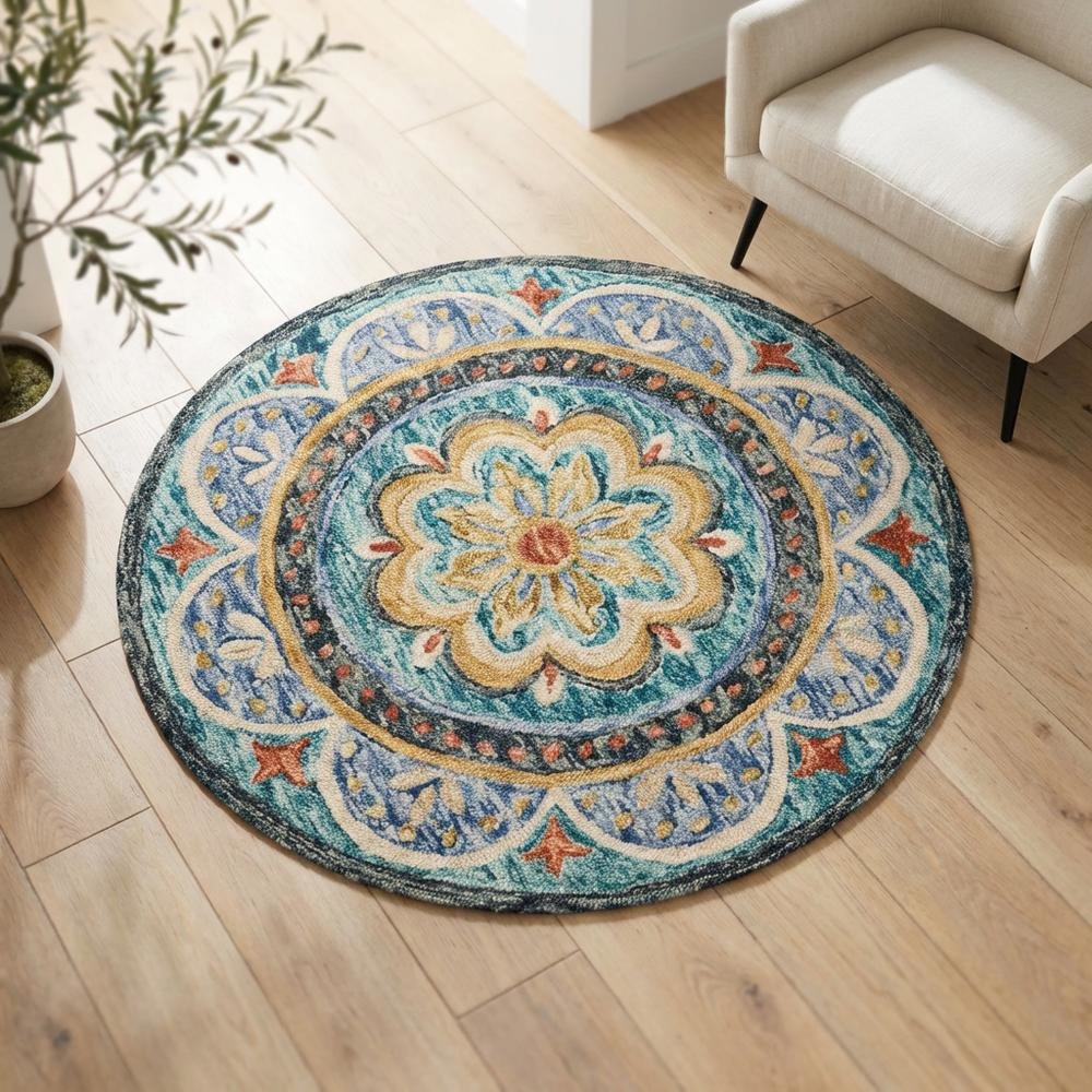 Blue Indoor Round Area Rug With Classic Style And Bright Colors. Picture 3