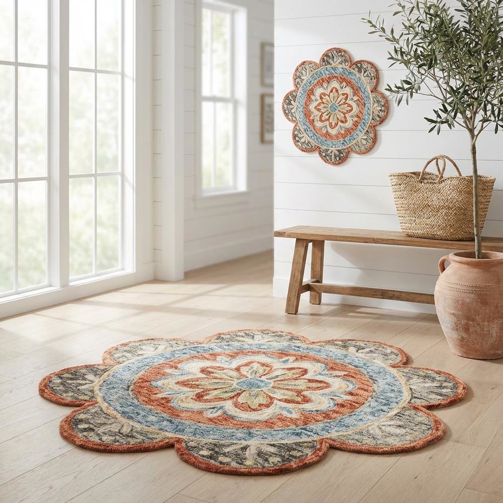 Multicolored Orange Round Indoor Area Rug With Classic Style. Picture 2