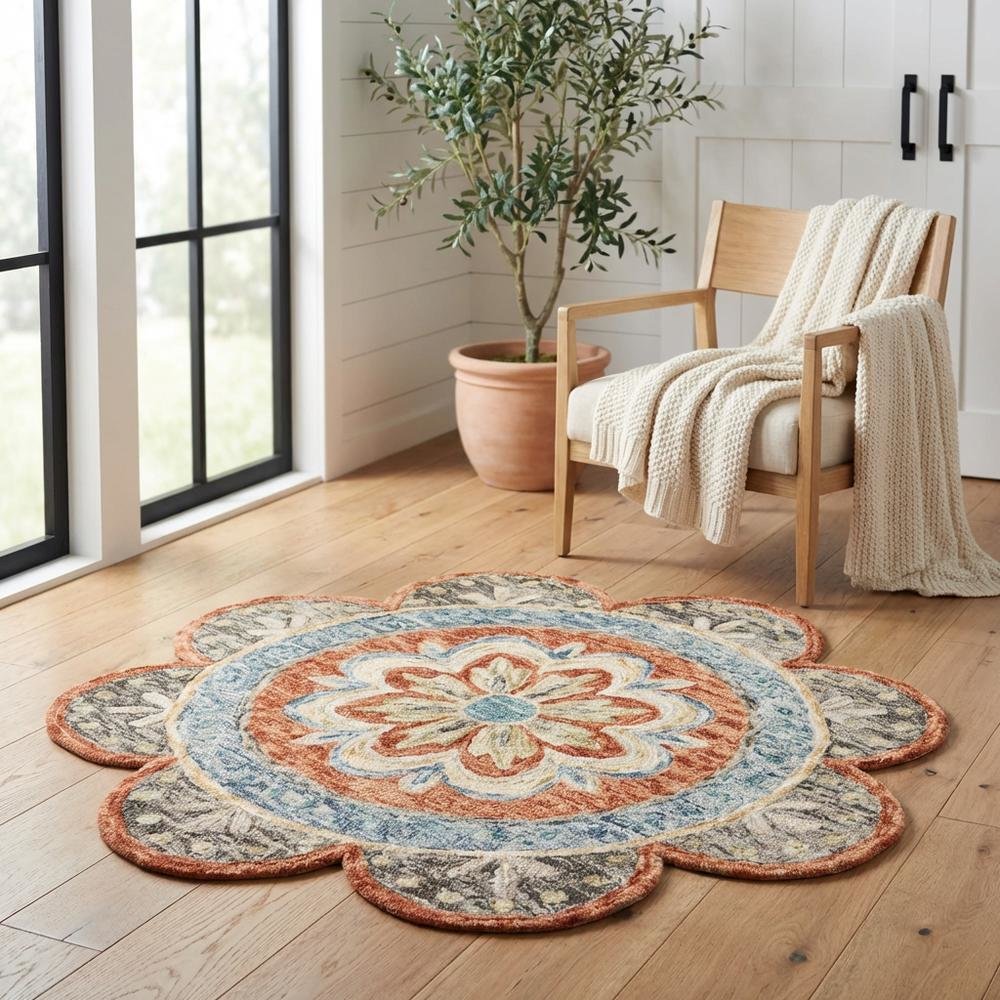 Multicolored Orange Round Indoor Area Rug With Classic Style. Picture 3