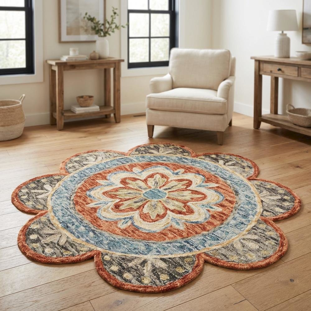 Orange Indoor Area Rug - 6' Round Classic Pattern For Living Room. Picture 3