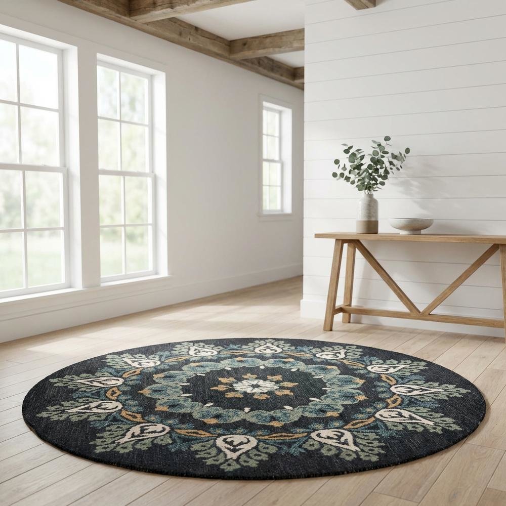 Round Indoor Area Rug In Black, Transitional Style For Modern Decor. Picture 2