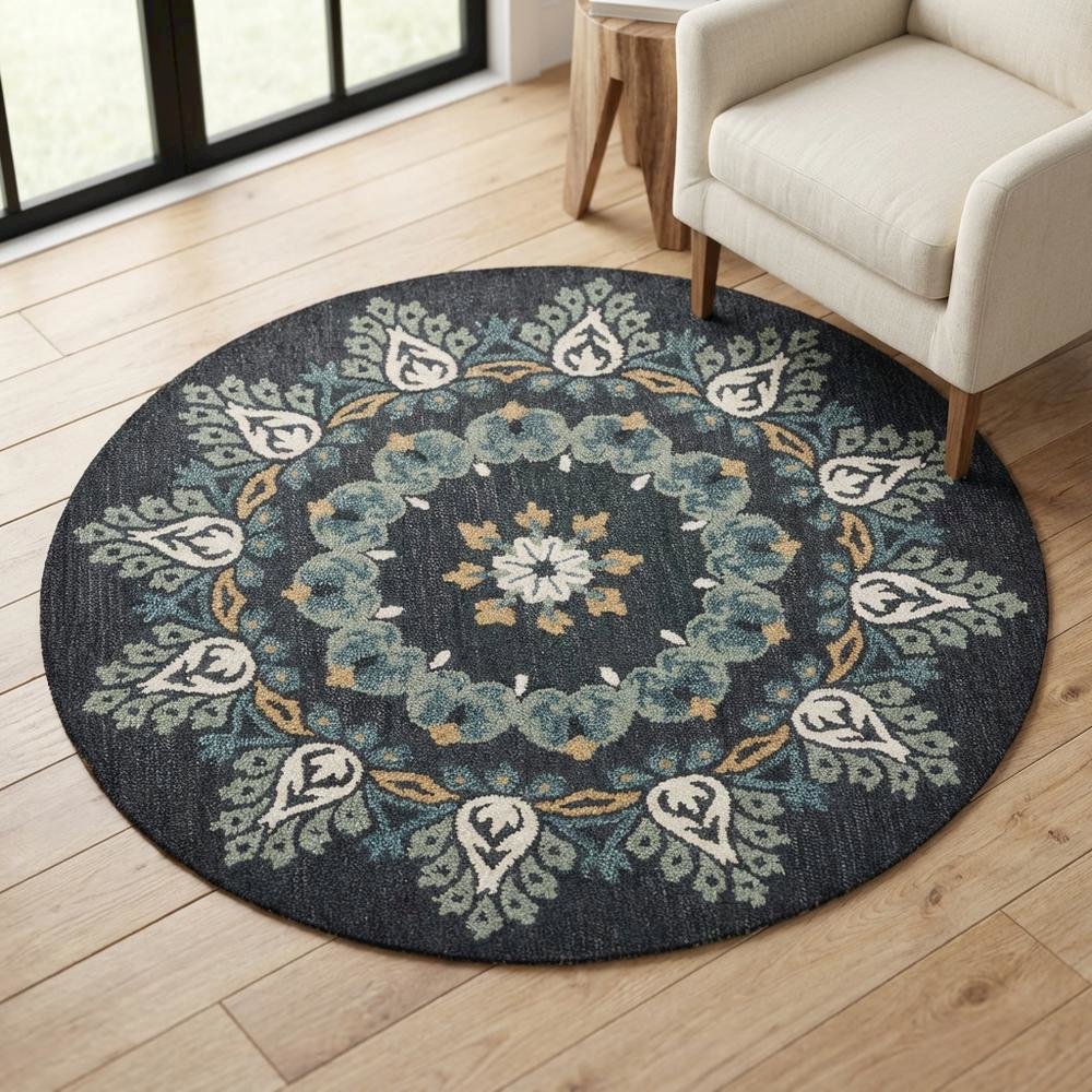 Round Indoor Area Rug In Black, Transitional Style For Modern Decor. Picture 3