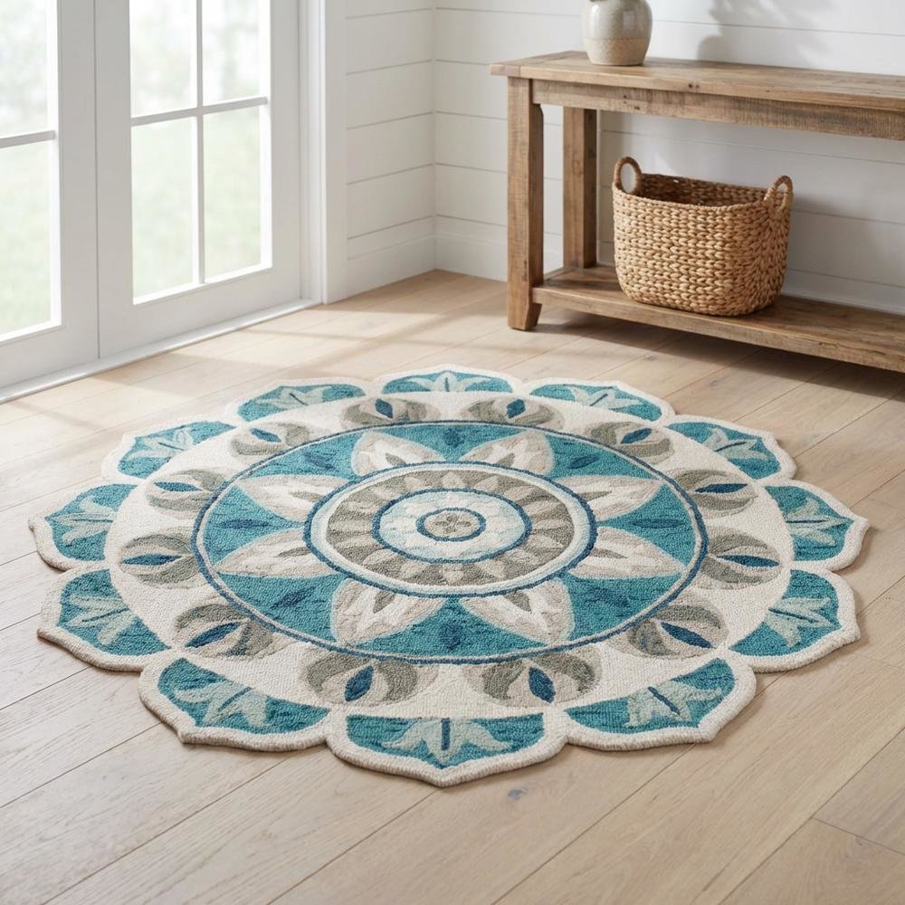 Blue Indoor Area Rug With Bohemian Design, 4-Foot Round Shape. Picture 2