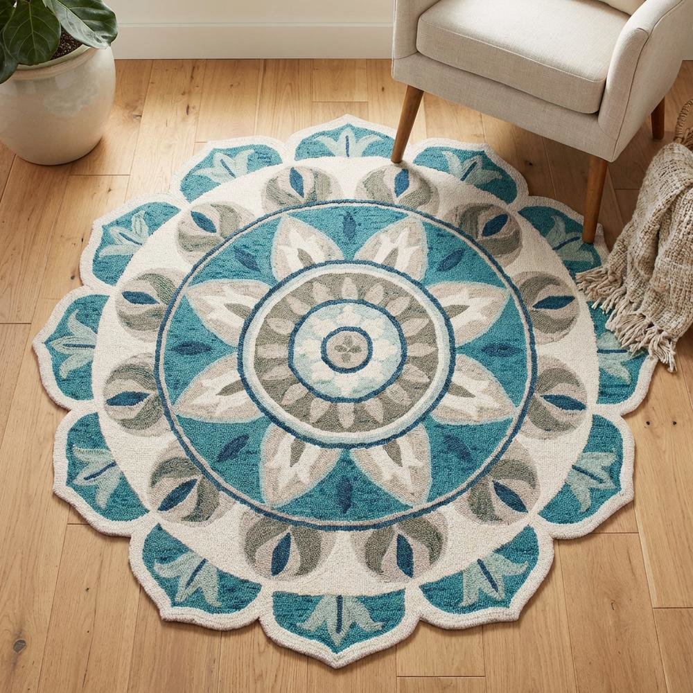Blue Indoor Area Rug With Bohemian Design, 4-Foot Round Shape. Picture 3