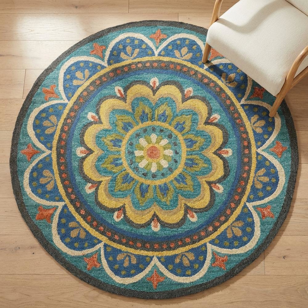 Blue Indoor Area Rug With Bohemian Design And Multicolored Pattern. Picture 3