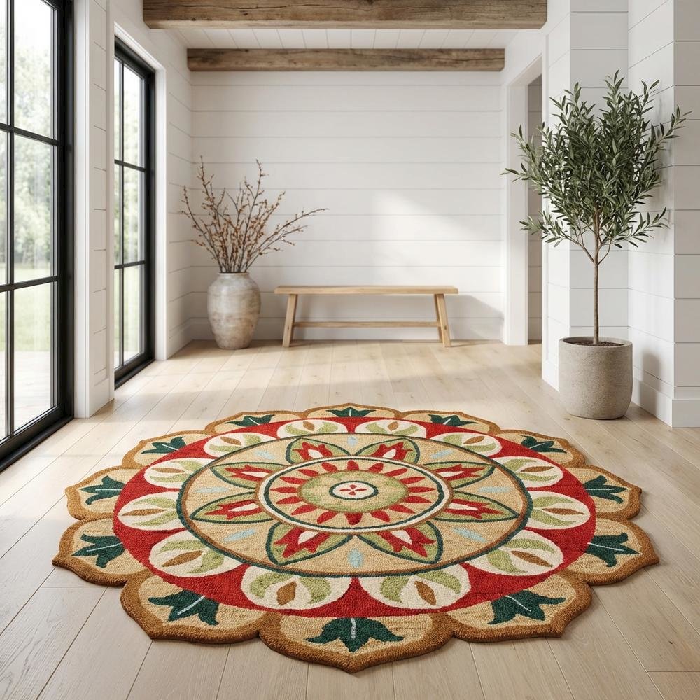 Bohemian Indoor Area Rug In Red And Green, Round Style, 4 Feet. Picture 2