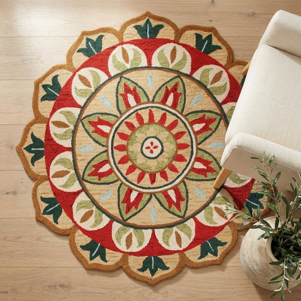 Bohemian Indoor Area Rug In Red And Green, Round Style, 4 Feet. Picture 3