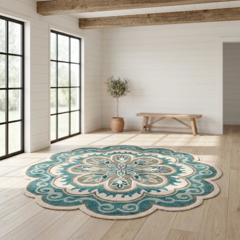Blue Round Indoor Area Rug With Bohemian Style And Spot Clean Durability. Picture 2