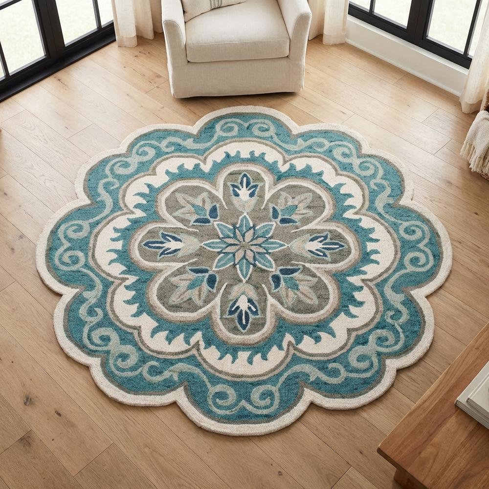Blue Round Indoor Area Rug With Bohemian Style And Spot Clean Durability. Picture 3