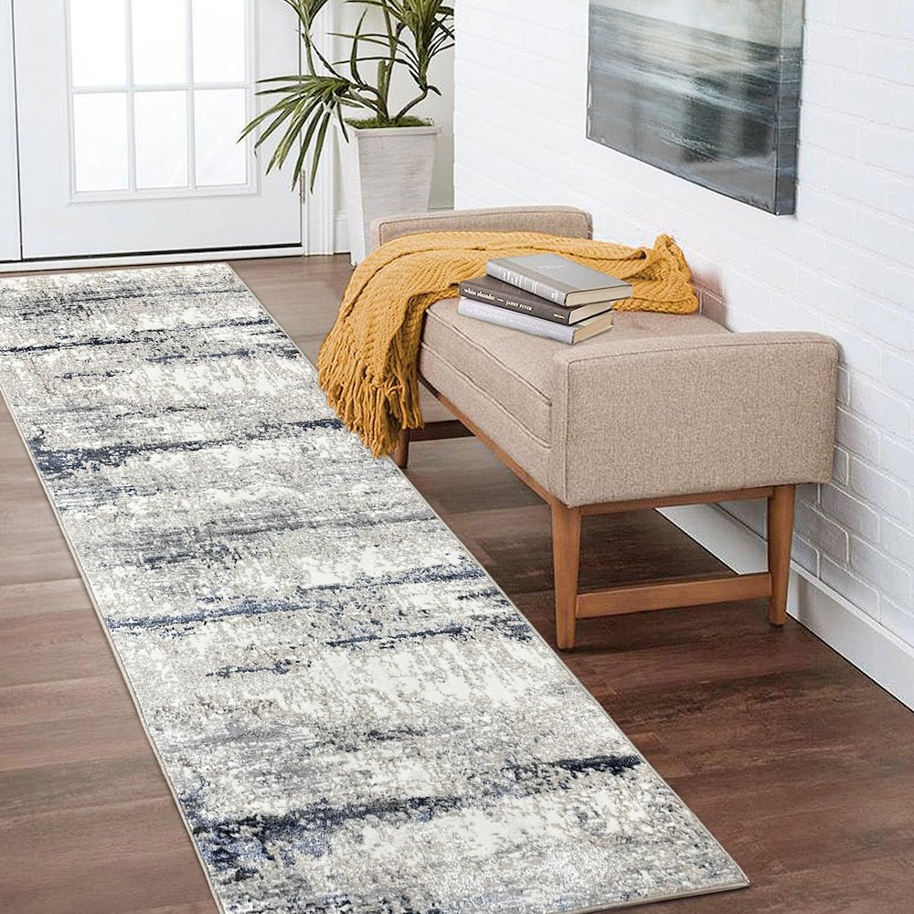 Antalya Durable Performance Area Rug Indoor in Gray/Blue, 2'6" x 8'. Picture 2