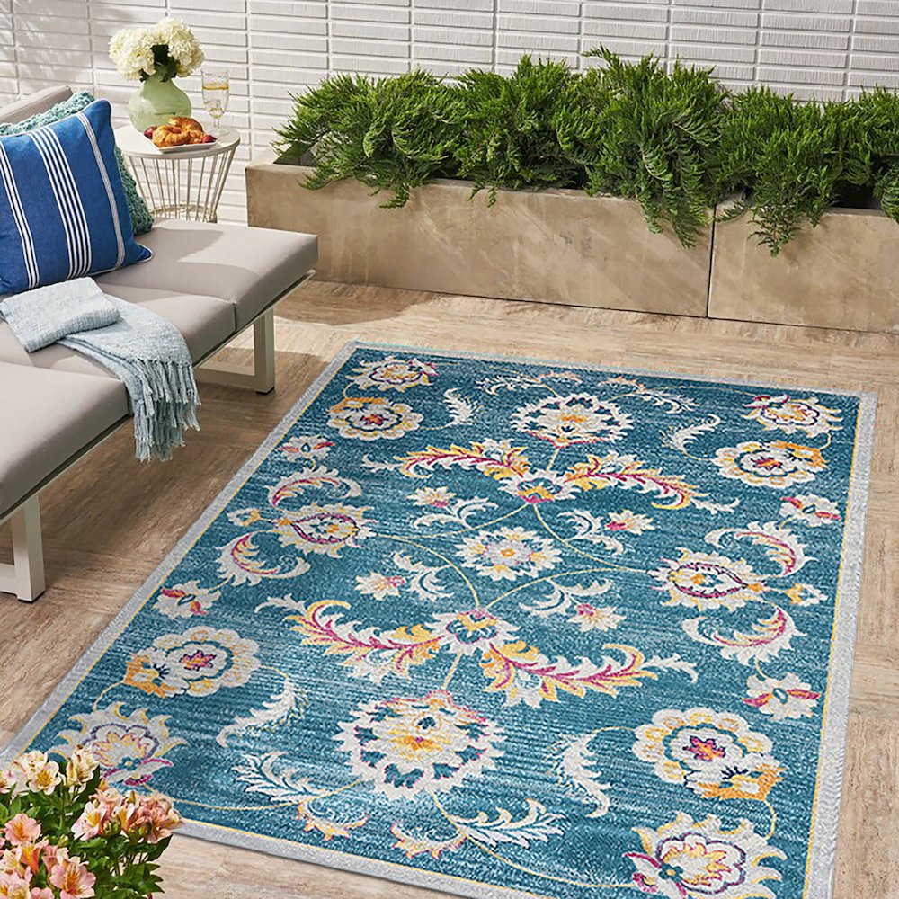 Durable Performance Area Rug Outdoor in Blue/Multicolored, 5'3" x 7'10". Picture 2