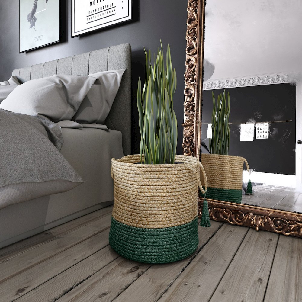 Baskets Jute Indoor Basket in Tan/Green, 17" x 17" x 17". Picture 2