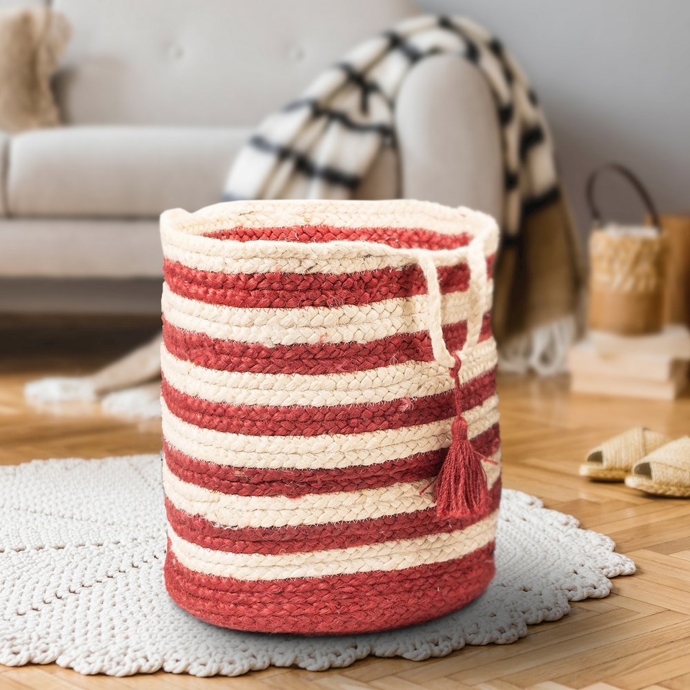 Baskets Jute Indoor Basket in White/Red,  17" x 17" x 17". Picture 6
