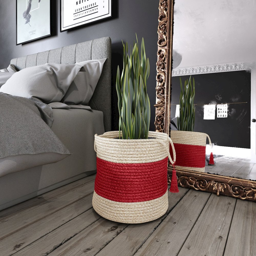 Baskets Jute Indoor Basket in White/Red,  19" x 19" x 19". Picture 2
