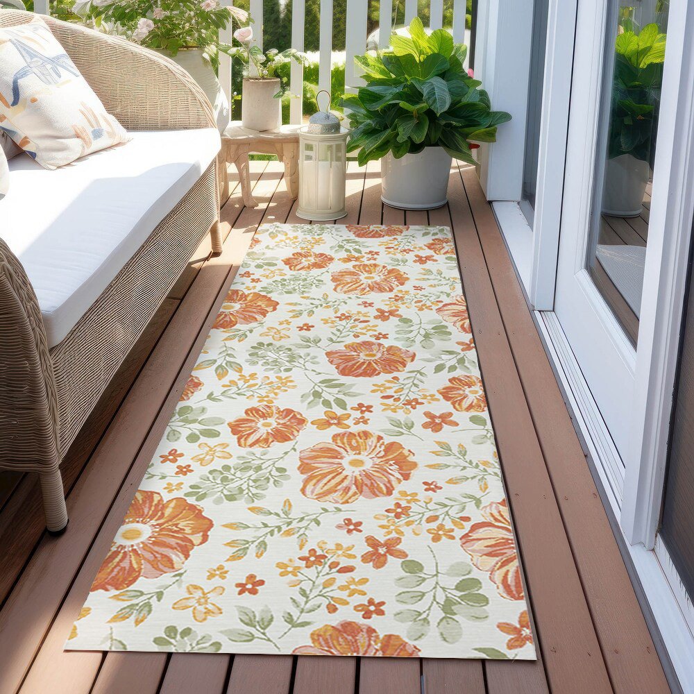 Belize Durable Performance Area Rug Outdoor in Green/Orange, 2' x 8'. Picture 2