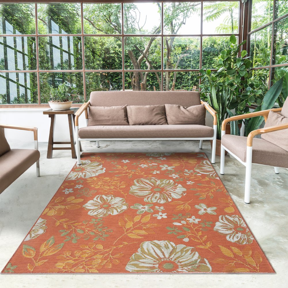 Belize Durable Performance Area Rug Outdoor in Green/Orange, 2' x 8'. Picture 8