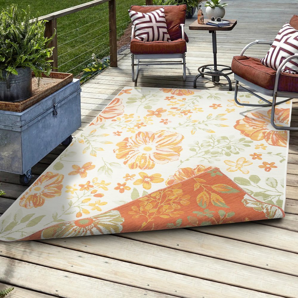 Belize Durable Performance Area Rug Outdoor in Green/Orange, 2' x 8'. Picture 9