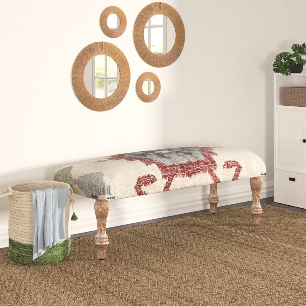 Accent Bench White Wash Finish in Cream/Multicolored, 47" W x 16" D x 18" H. Picture 2