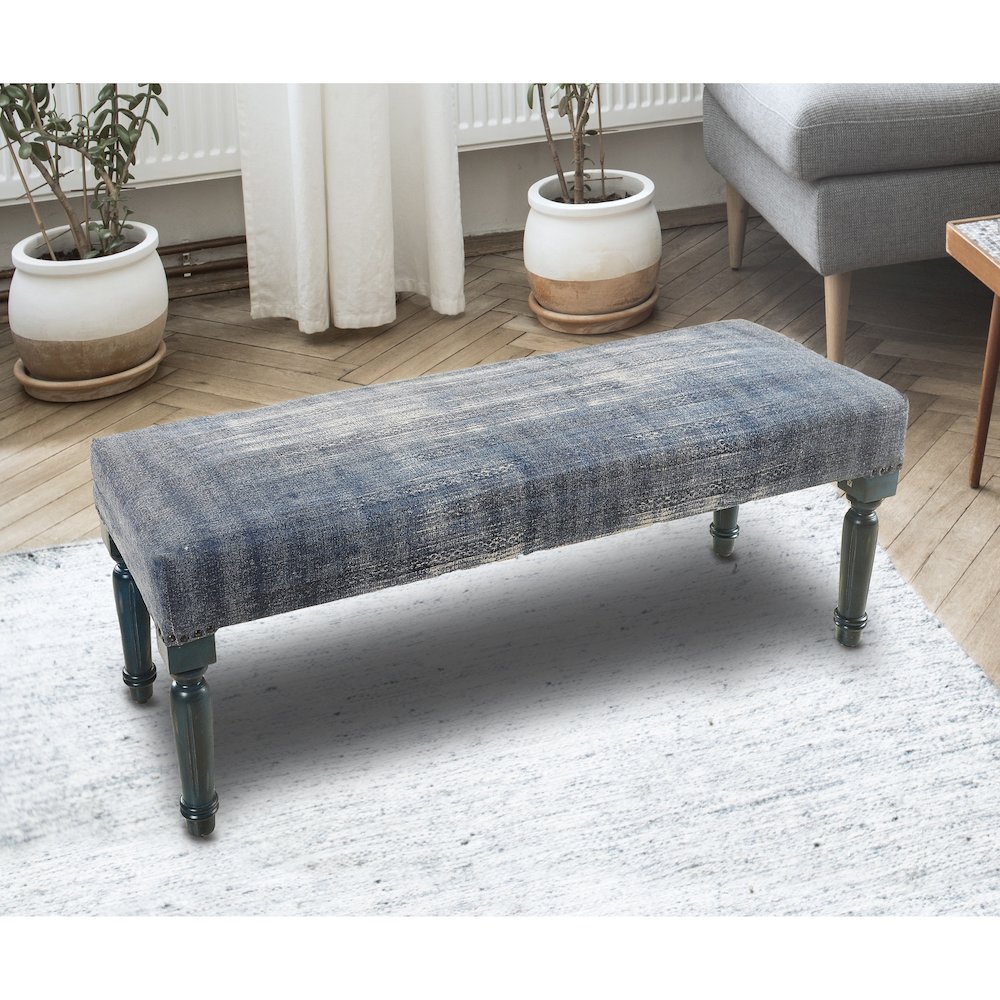 Alexei Accent Bench Painted Black Finish in Blue/White, 47" L x 16" W x 18" H. Picture 10