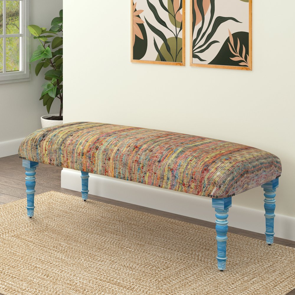 Accent Bench Painted Blue Finish in Blue/Multicolored, 47" W x 16" D x 18" H. Picture 2
