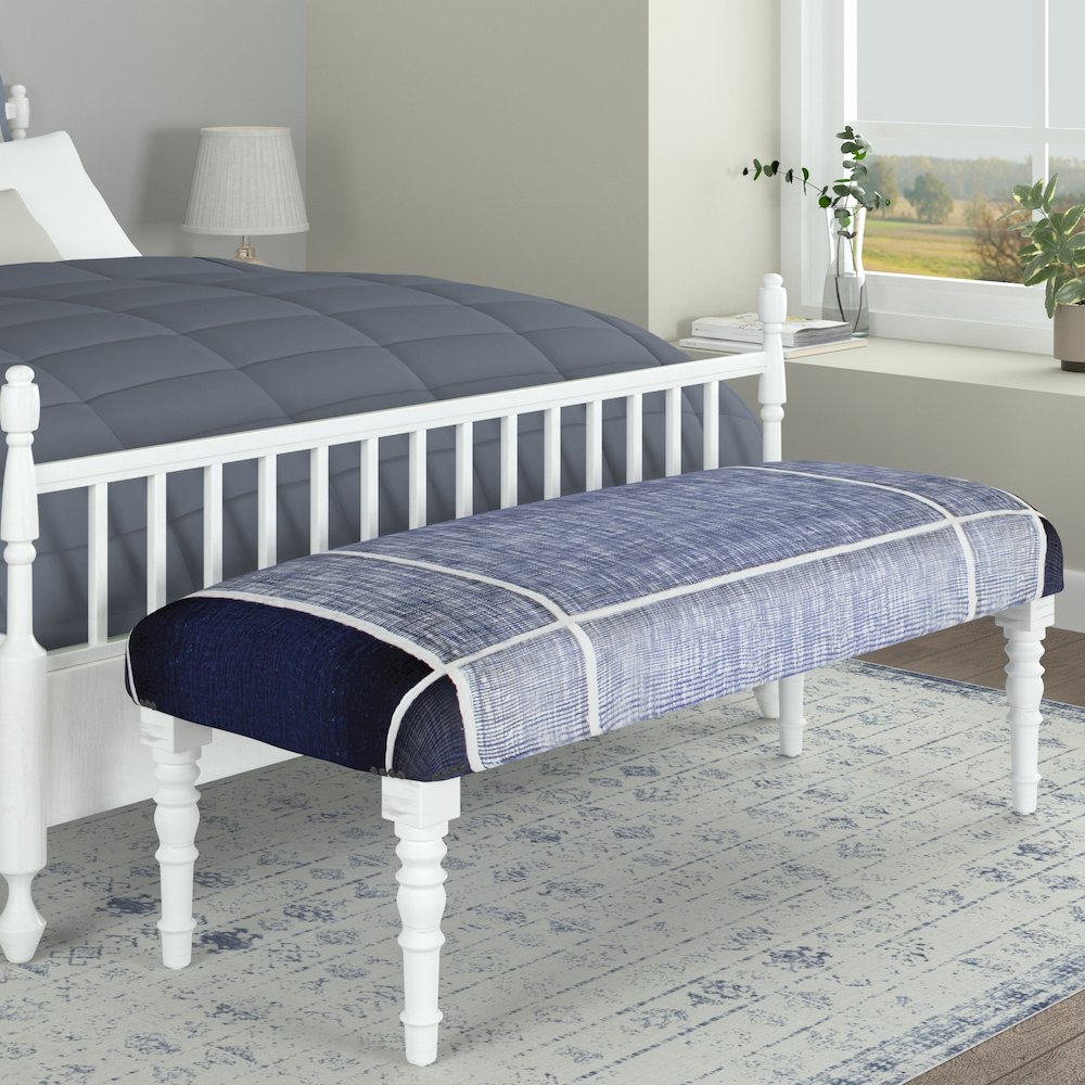 Alexei Accent Bench Painted White Finish in Blue/White, 47" L x 16" W x 18" H. Picture 2