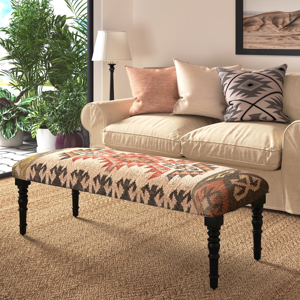 Accent Bench Painted Black Finish in Tan/Multicolored, 47" L x 16" W x 18" H. Picture 2