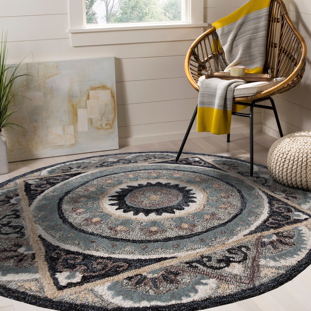 Bella Rose Wool Area Rug Indoor in Gray/Blue, 3' Round. Picture 5