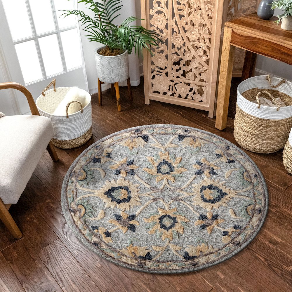 Bella Rose Wool Area Rug Indoor in Blue/Gray, 3' Round. Picture 5