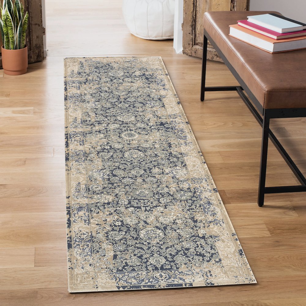 Cheshire Viscose Blend Area Rug Indoor in Blue/Beige, 2' x 7'. Picture 2