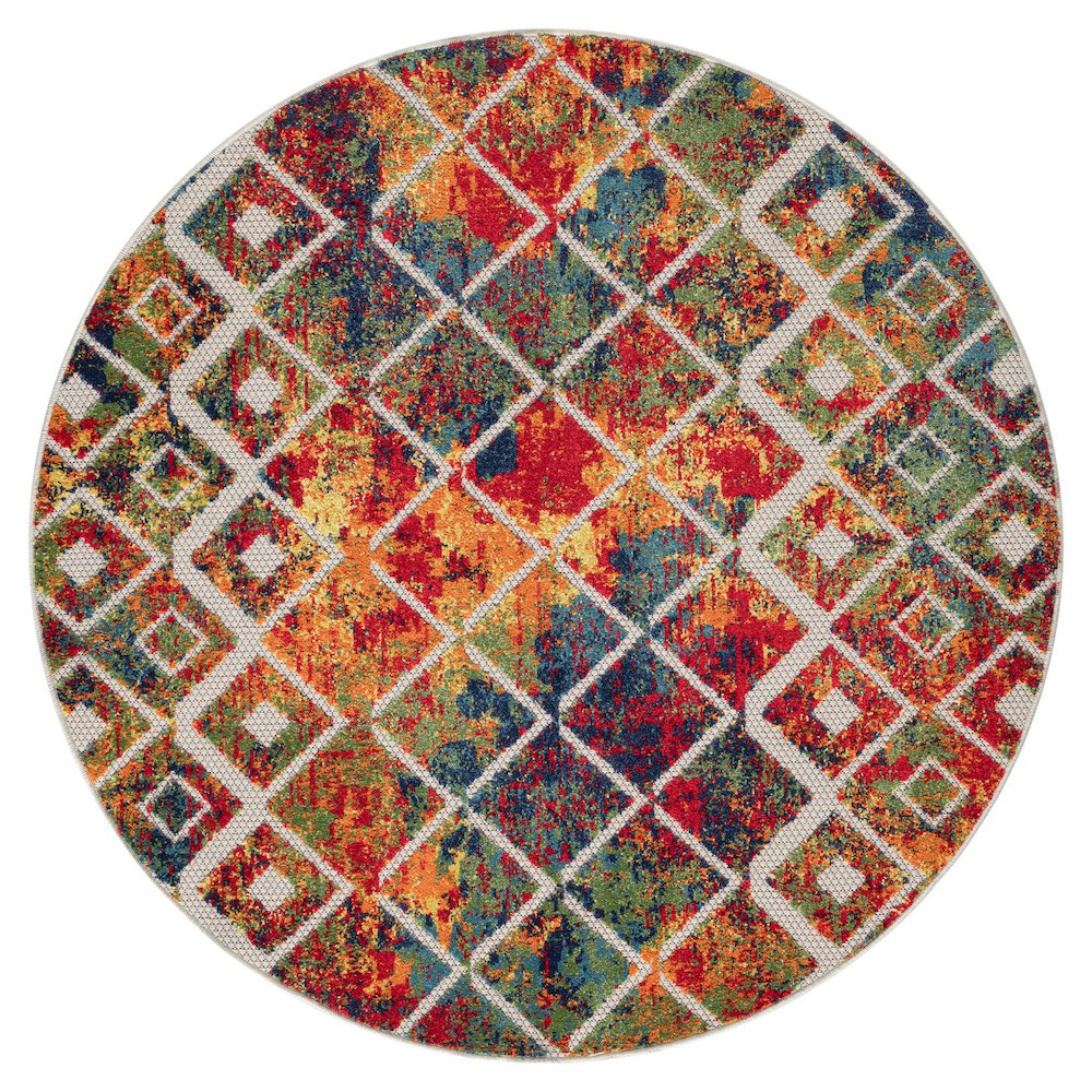 Copa Cabana Durable Performance Area Rug Outdoor in Red/Multicolored, 5'3" Round. Picture 1
