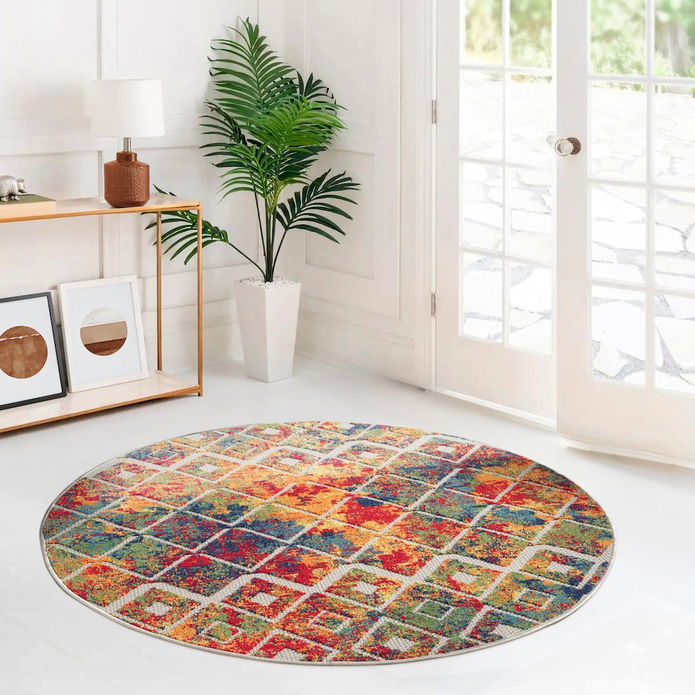 Copa Cabana Durable Performance Area Rug Outdoor in Red/Multicolored, 5'3" Round. Picture 2