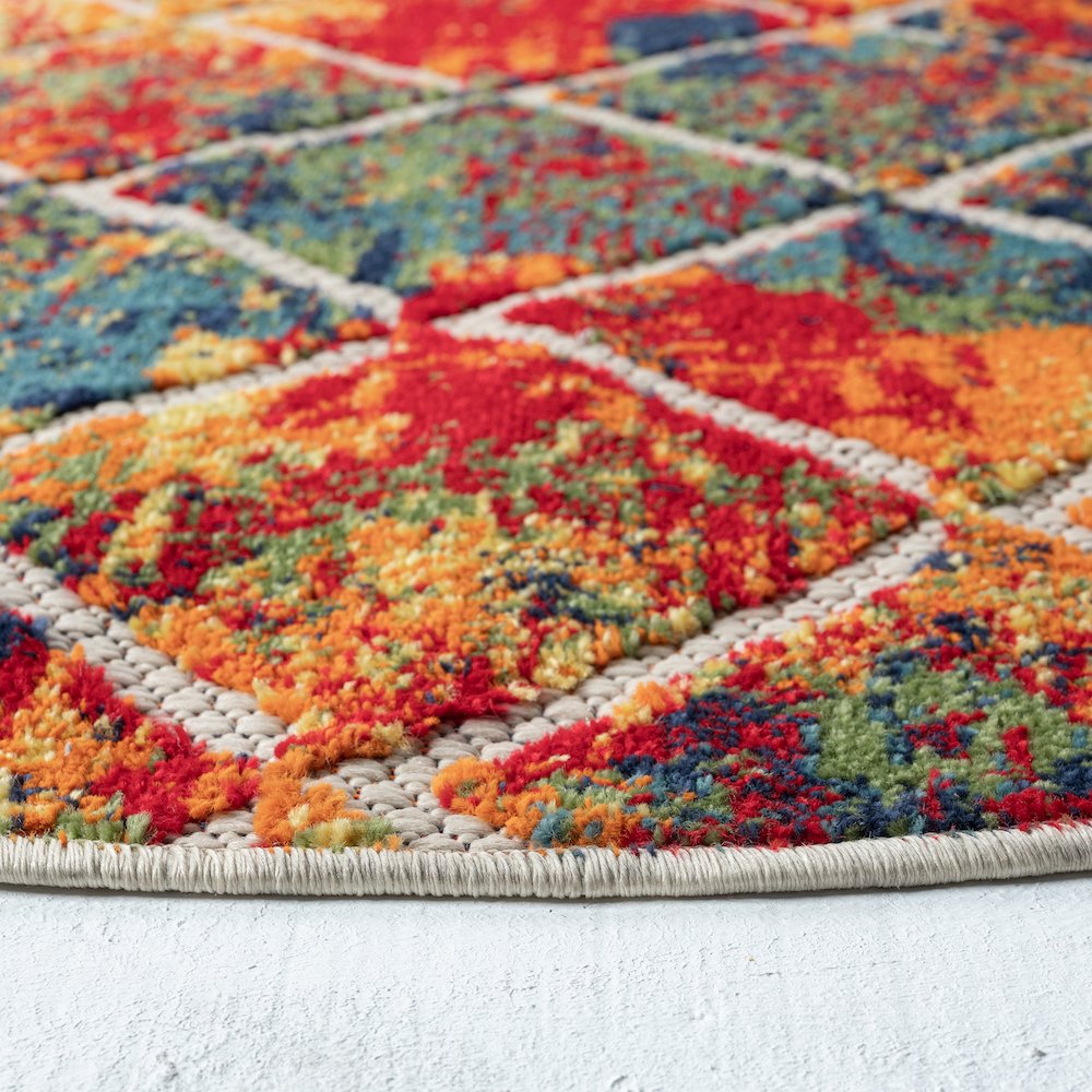 Copa Cabana Durable Performance Area Rug Outdoor in Red/Multicolored, 5'3" Round. Picture 3