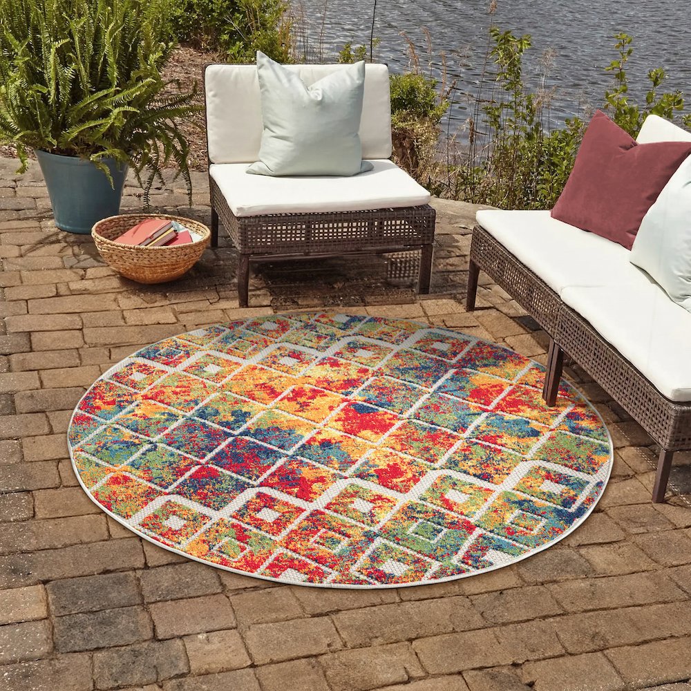 Copa Cabana Durable Performance Area Rug Outdoor in Red/Multicolored, 5'3" Round. Picture 8