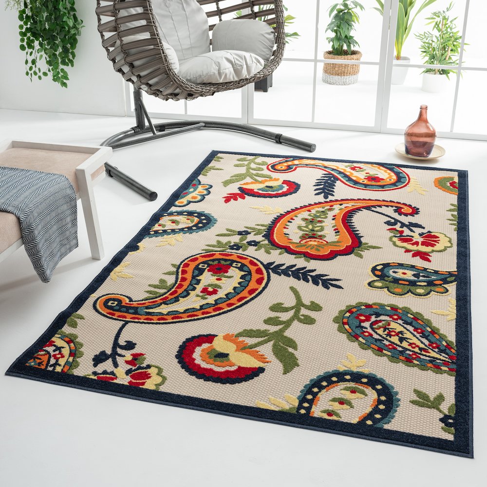 Durable Performance Area Rug Outdoor in Blue/Multicolored, 3'6" x 5'6". Picture 7