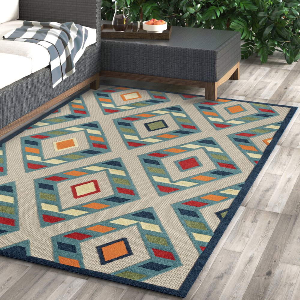 Durable Performance Area Rug Outdoor in Blue/Multicolored, 3'6" x 5'6". Picture 2