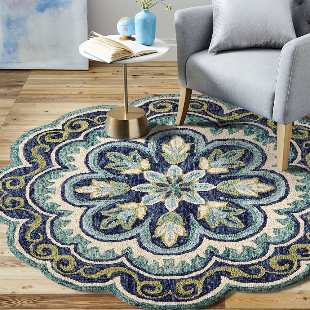 Dazzle Wool Area Rug Indoor in Green/Blue, 5' Round. Picture 2