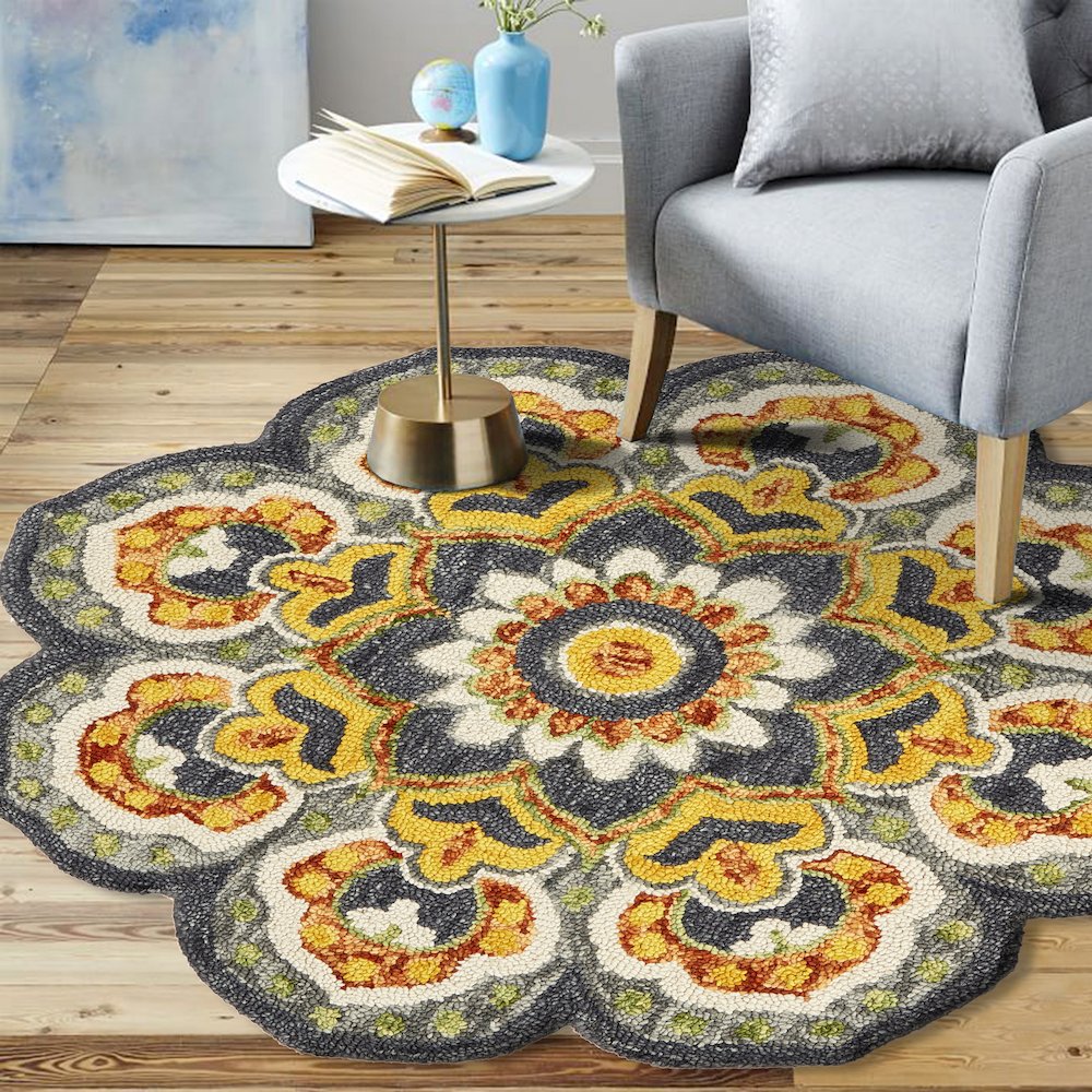 Dazzle Wool Area Rug Indoor in Gray/Yellow, 4' Round. Picture 7