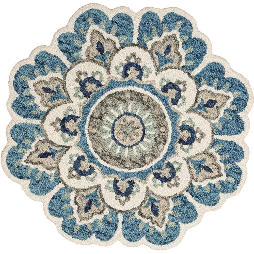 Dazzle Wool Area Rug Indoor in Cream/Blue, 5' Round. Picture 1