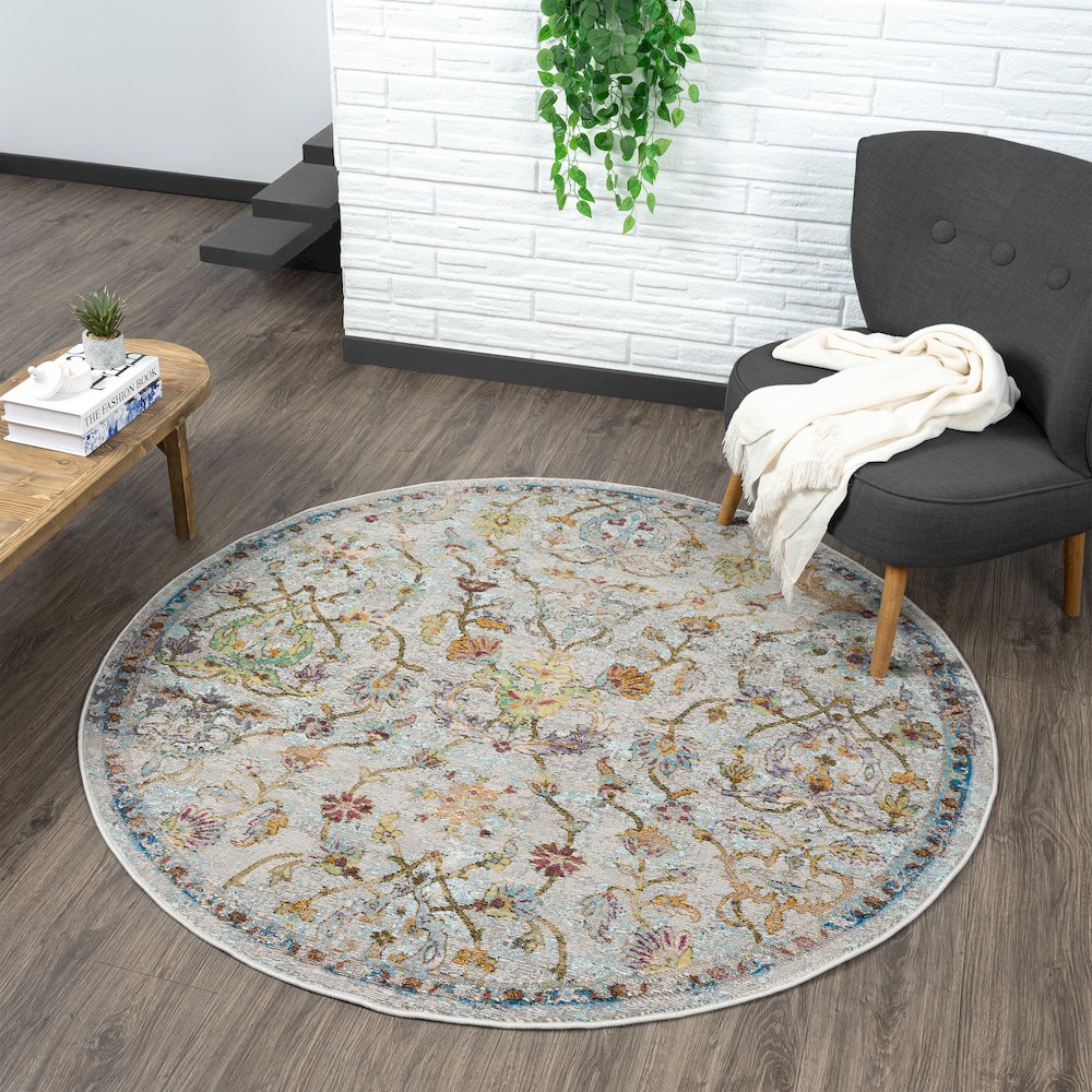 Gala Durable Performance Area Rug Indoor in Gray/Multicolored, 5'3" Round. Picture 2