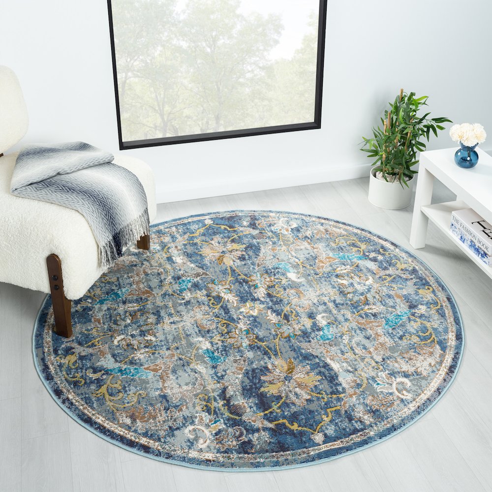 Gala Durable Performance Area Rug Indoor in Blue/Multicolored, 5'3" Round. Picture 7