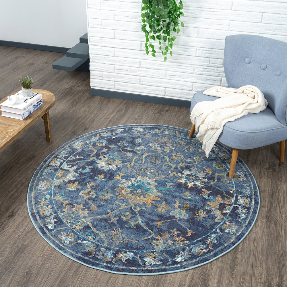 Gala Durable Performance Area Rug Indoor in Blue/Multicolored, 5'3" Round. Picture 2