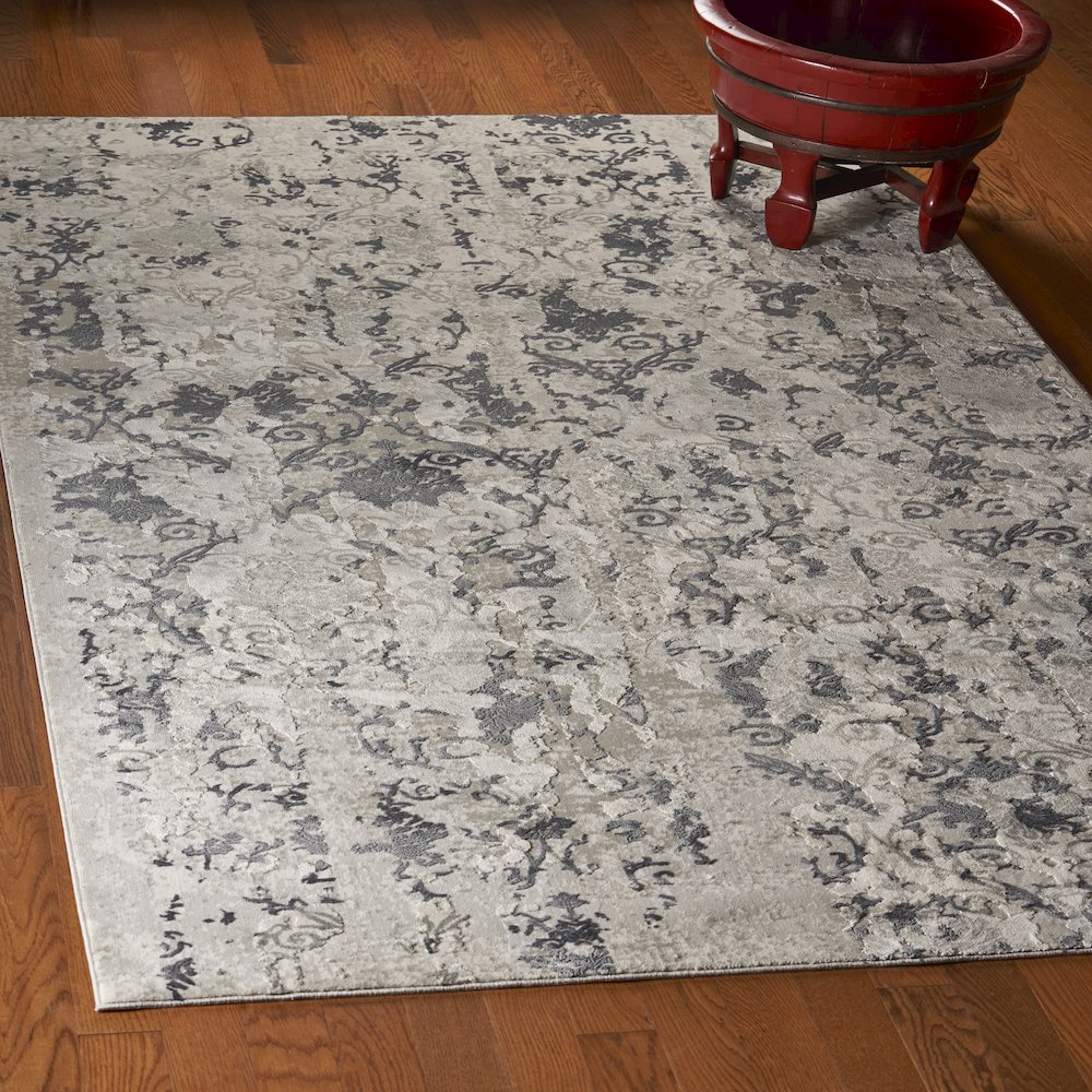 Neutral Distressed Damask Contemporary Accent Rug. Picture 2