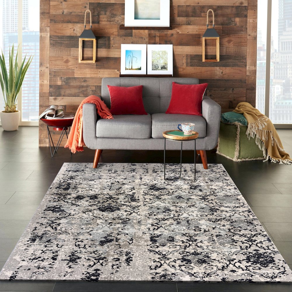 Neutral Distressed Damask Contemporary Accent Rug. Picture 8