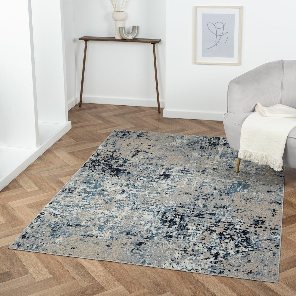 Lanham Durable Performance Area Rug Indoor in Blue/Beige, 5' x 7'. Picture 2