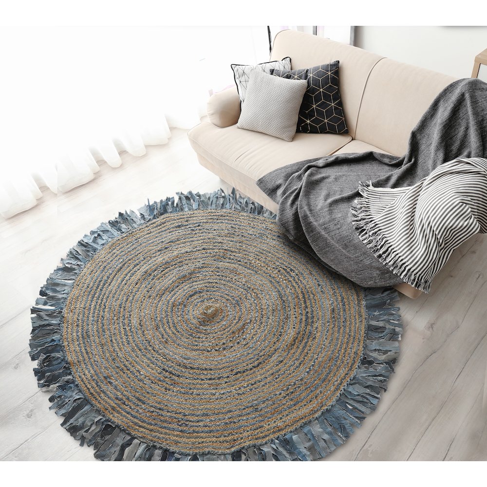 Boutique Jute Cotton Blend Area Rug Indoor in Blue/Multicolored, 3'6" Round. Picture 7