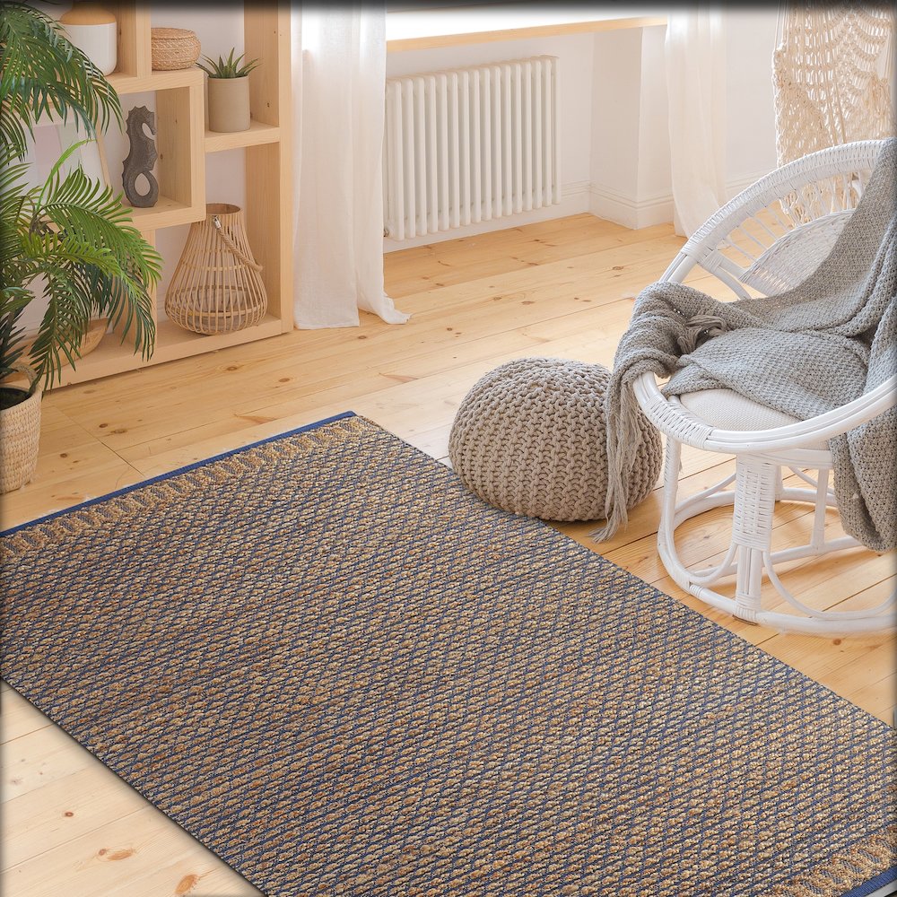 Natural Fiber Jute Blend Area Rug Indoor in Tan/Blue, 5' x 7'9". Picture 8